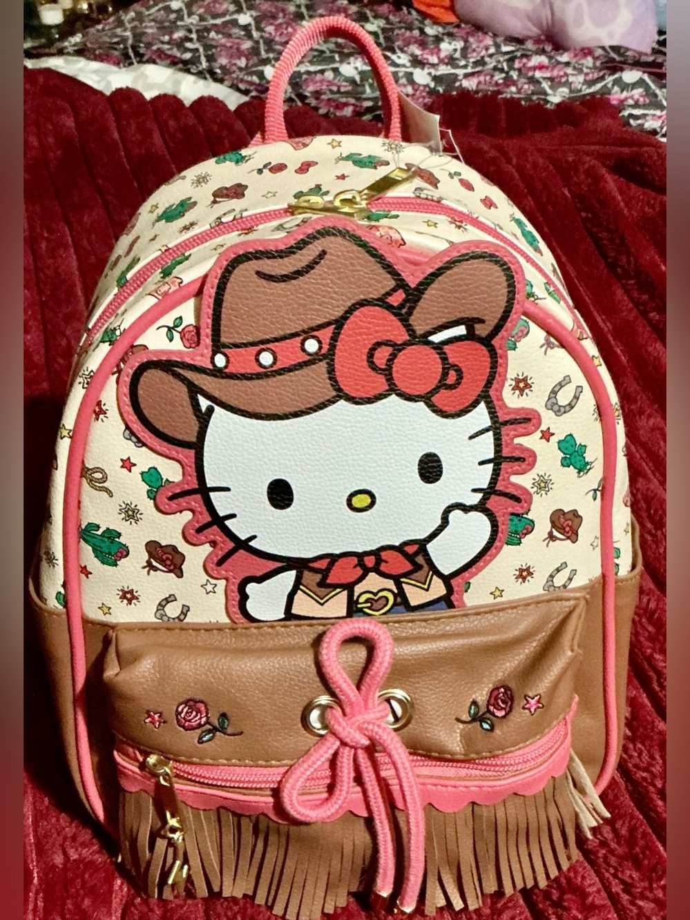 Hello Kitty Pink Cream Brown Cowboy Fringe Mini Backpack